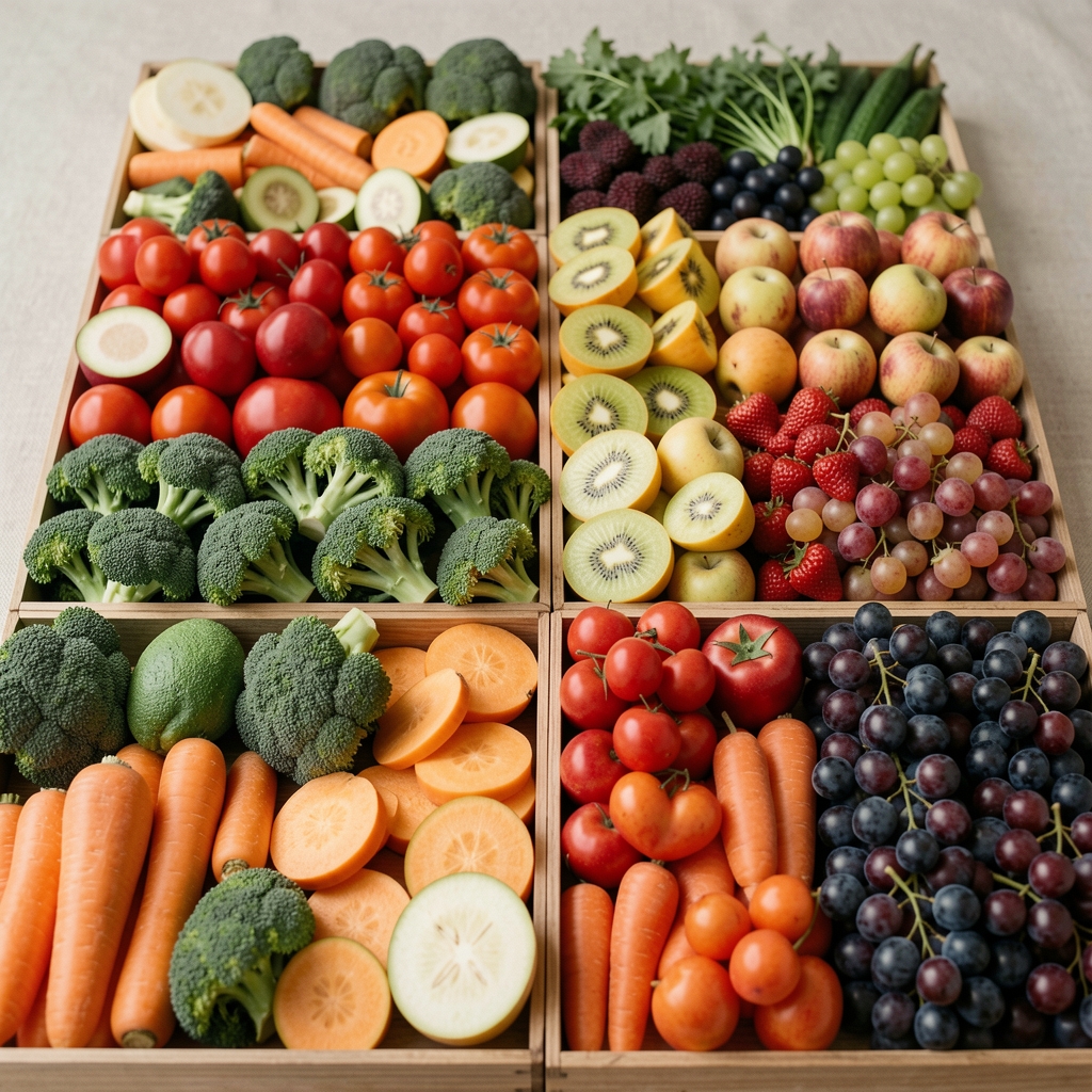 Pregled pijačnih tezgi sa raznovrsnim povrćem i voćem složenim u redove, dokumentarni kadar neutralnih tonova