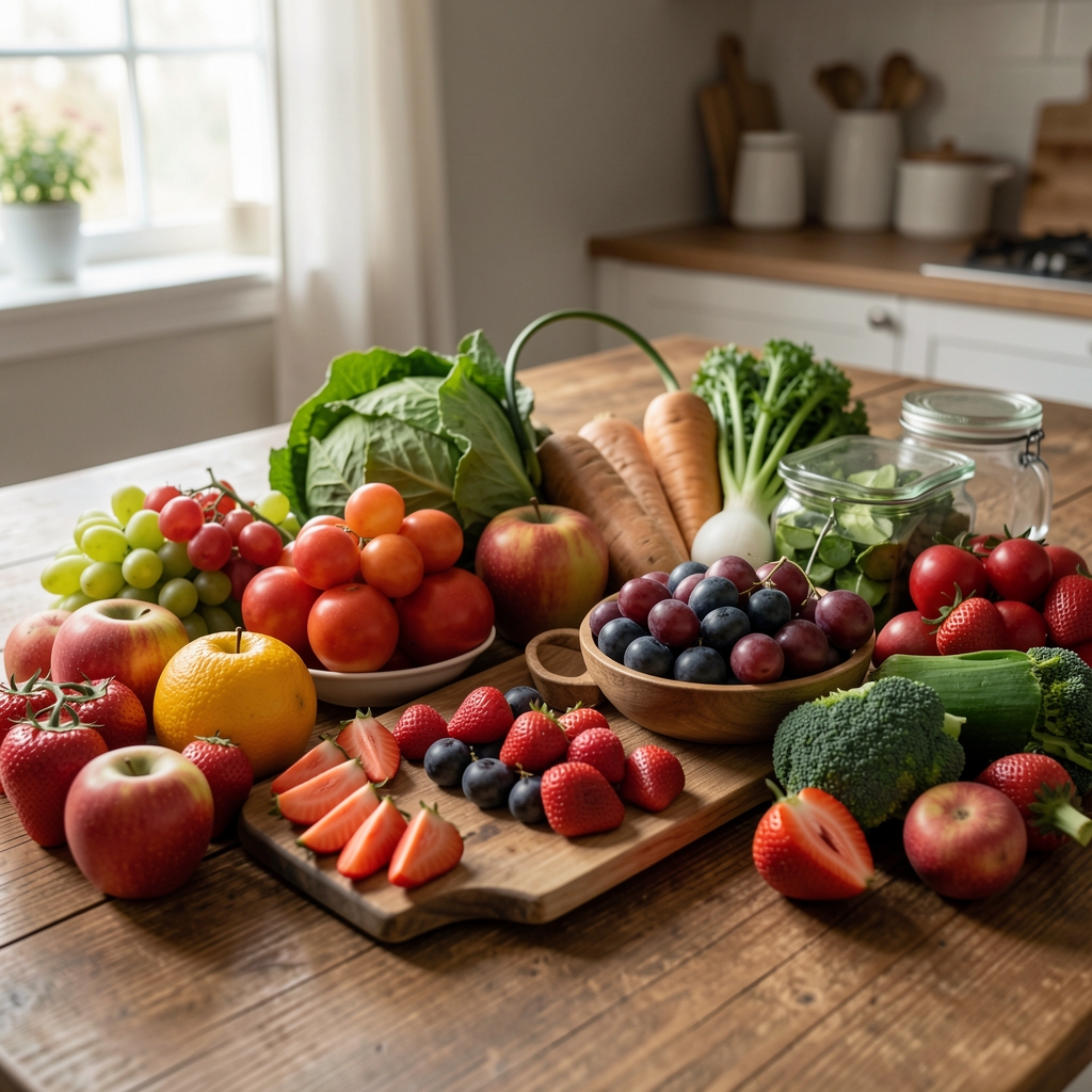 Sto sa poređanim posudicama raznih svežih namirnica i povrća pripremljenih za obrok, dokumentarni kadar organizovane kuhinje