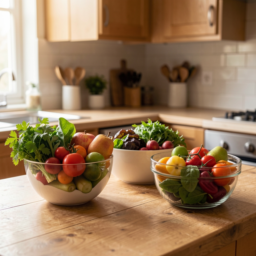 Mirna scena organozovanih svežih namirnica u posudama na kuhinjskom stolu, toplo prirodno svetlo, dokumentarni pristup