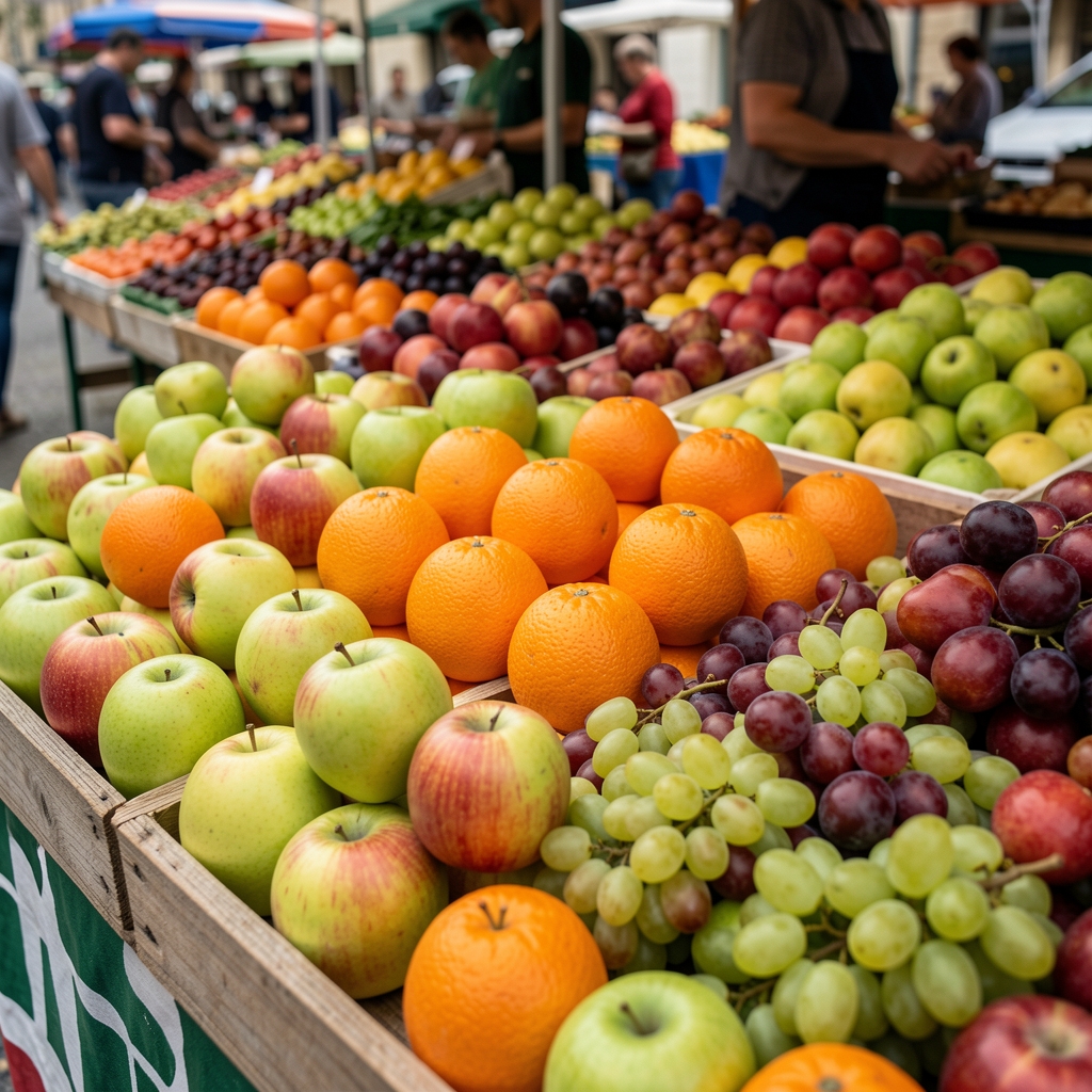 Voće složeno na tezgi pijace, jabuke narandže kruške, nisko zasićeni tonovi dokumentarnog kadra