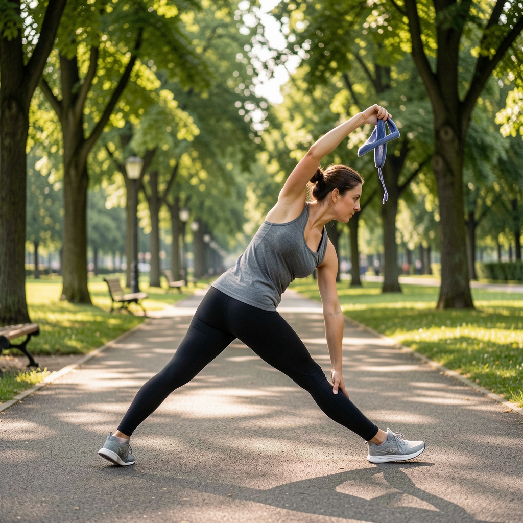 Žena koja se rasteže na otvorenom tokom jutarnje šetnje, mirna atmosfera parka, dokumentarni kadar